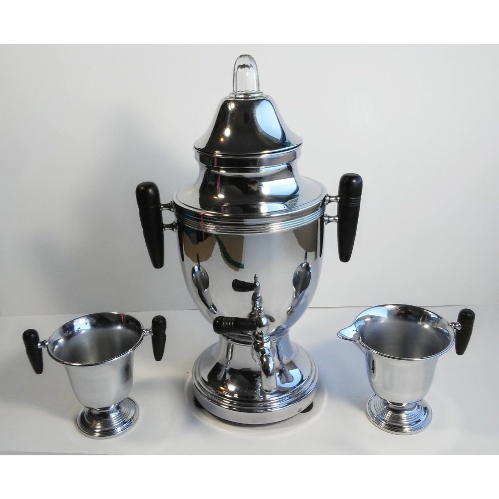Art Deco Farberware Coffee Pot Percolator Urn #45 USA With Creamer & Sugar Bowl